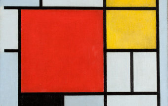 Композиция с большой красной плоскостью, желтым, черным, серым и синим. 1921.